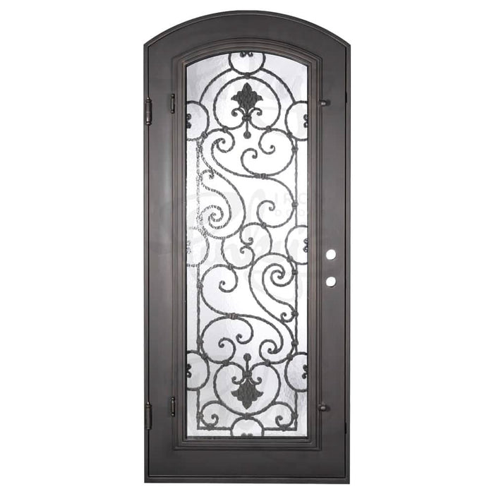 Shavo arch top hinged door with thermal barrier in bronze finish.