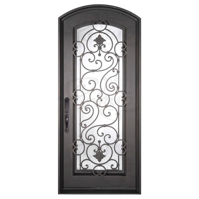 Shavo soft arch top iron door with thermal break in black finish.