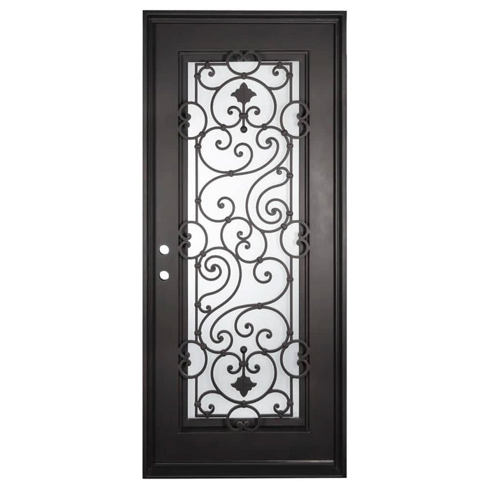 Shavo thermally broken single flat door with decorative ironwork in bronze color.