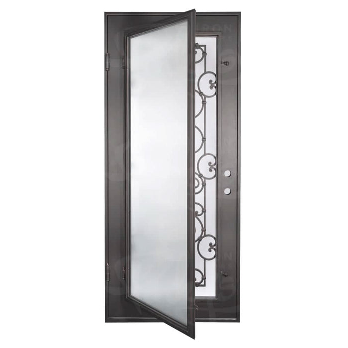 Shavo straight top single flat door with thermal break and decorative metalwork.