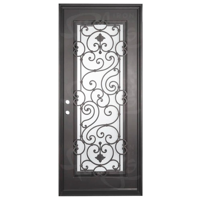 Shavo thermally broken single flat entry door with metal scrollwork in bronze color.