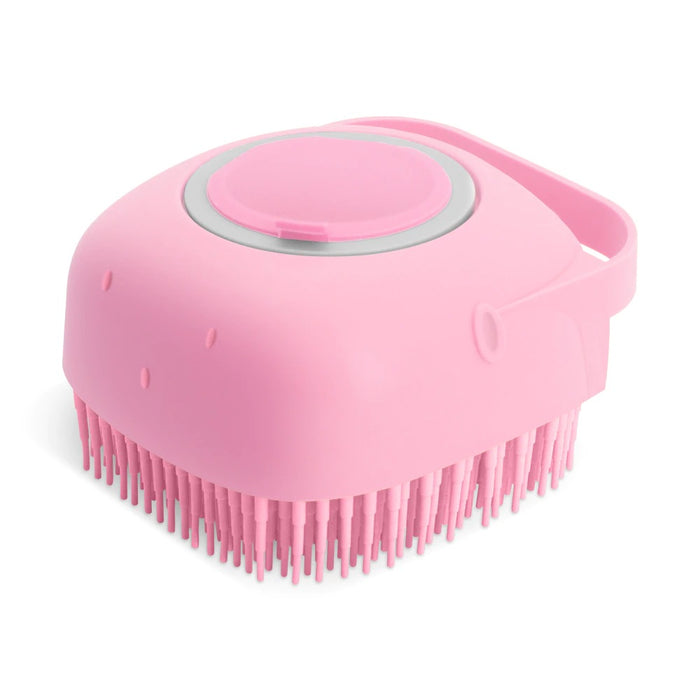 Pink Silicone Pet Bath Brush with integrated shampoo dispenser