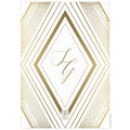 Large diamond with geometric lines and small dots on the back of the card in gold foil. Gold script monogram centered in the diamond shape. Small Ceci logo on the bottom of the card.