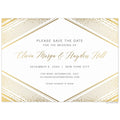Large diamond with geometric lines and small dots on the corners of the card gold foil. Gold block and script font centered in the diamond shape.