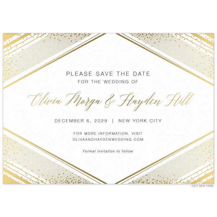 Large diamond with geometric lines and small dots on the corners of the card gold foil. Gold block and script font centered in the diamond shape.