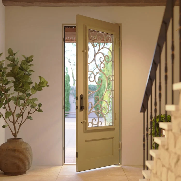 Story thermally broken single flat door with metal scrollwork in matte black.