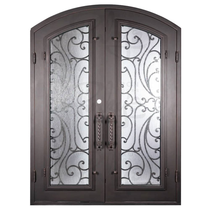 Sunset with Handgrip black colored arched top metal entry door with clear glass and thermal break.