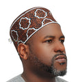 Tall Brown White Omani-Style African Kenyan Muslim Kufi Hat 4-inch Embroidered Minar Arabesque Motif Tupi