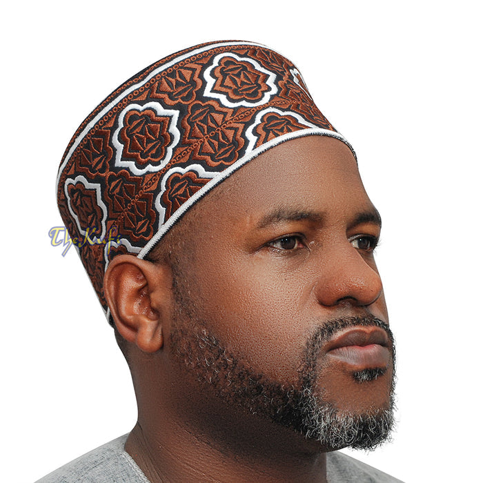 Tall Brown White Omani-Style African Kenyan Muslim Kufi Hat 4-inch Embroidered Minar Arabesque Motif Tupi