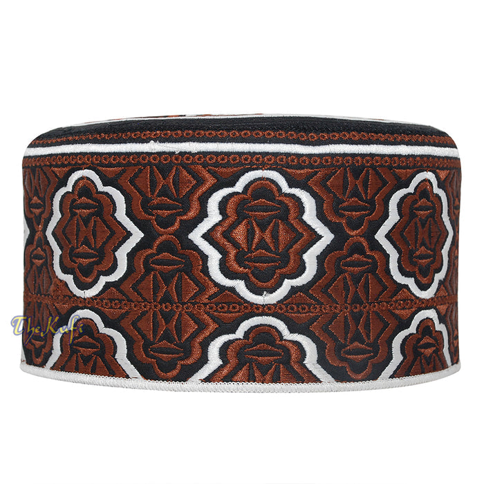 Tall Brown White Omani-Style African Kenyan Muslim Kufi Hat 4-inch Embroidered Minar Arabesque Motif Tupi