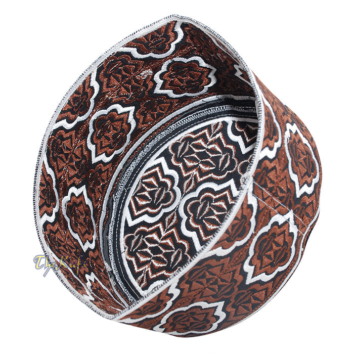 Tall Brown White Omani-Style African Kenyan Muslim Kufi Hat 4-inch Embroidered Minar Arabesque Motif Tupi