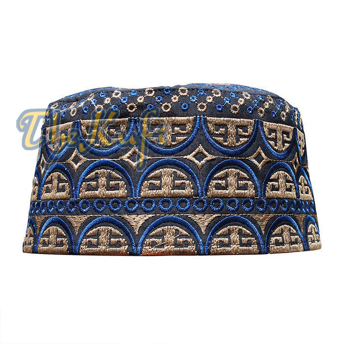 Tall Omani Kufi Hat Black Blue & Brown Embroidery