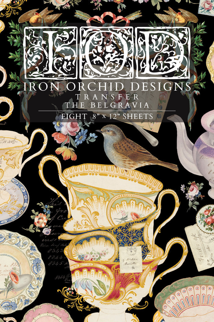 Iron Orchid Designs transfer paper with Belgravia design on a black background