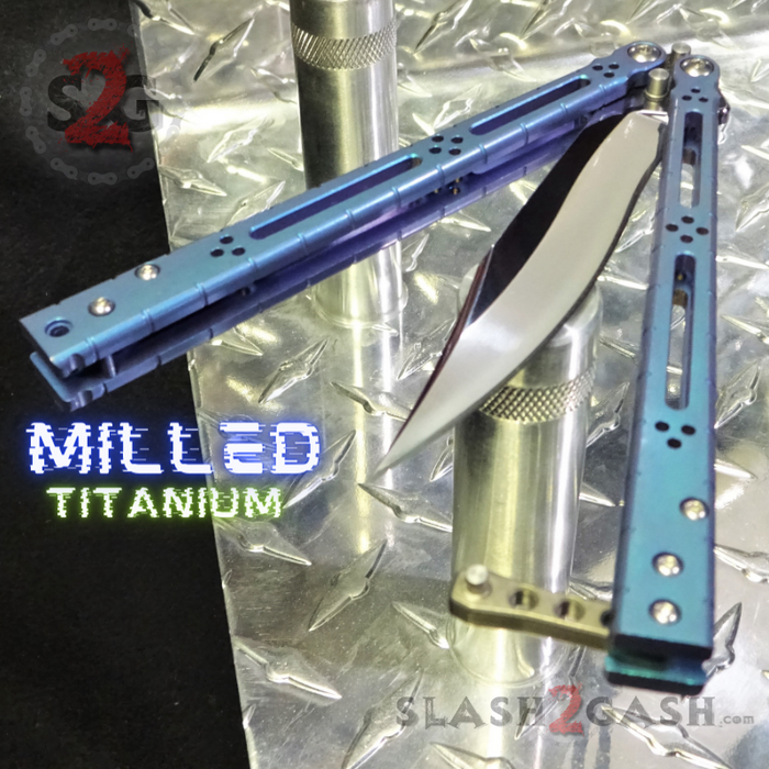 Titanium Balisong The ONE Butterfly knife w/ Bushings - (clone) Lizard Blue Mirror Blade D2 Mirror Blade