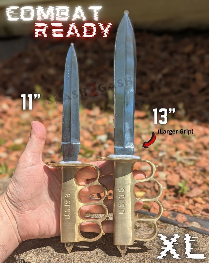 Trench Knife 11 or 13 Inch Carbon Steel Dagger Real Brass Knuckles - 2 sizes