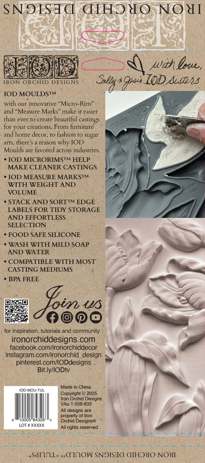 Iron Orchid Designs mold packaging with floral design, branding, and contact information.