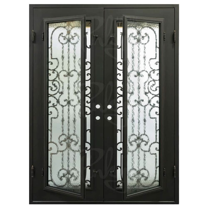 Washington bronze color wrought iron double flat top patio door with glass.