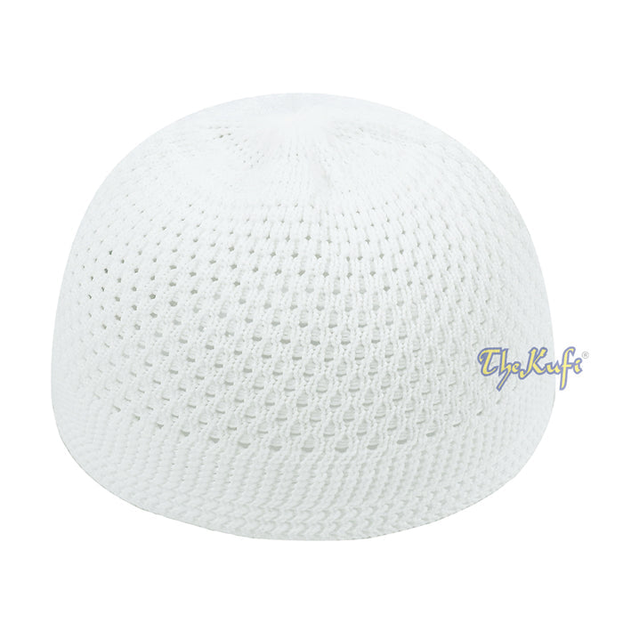 White knitted Islamic prayer cap (kufi) with breathable mesh pattern.