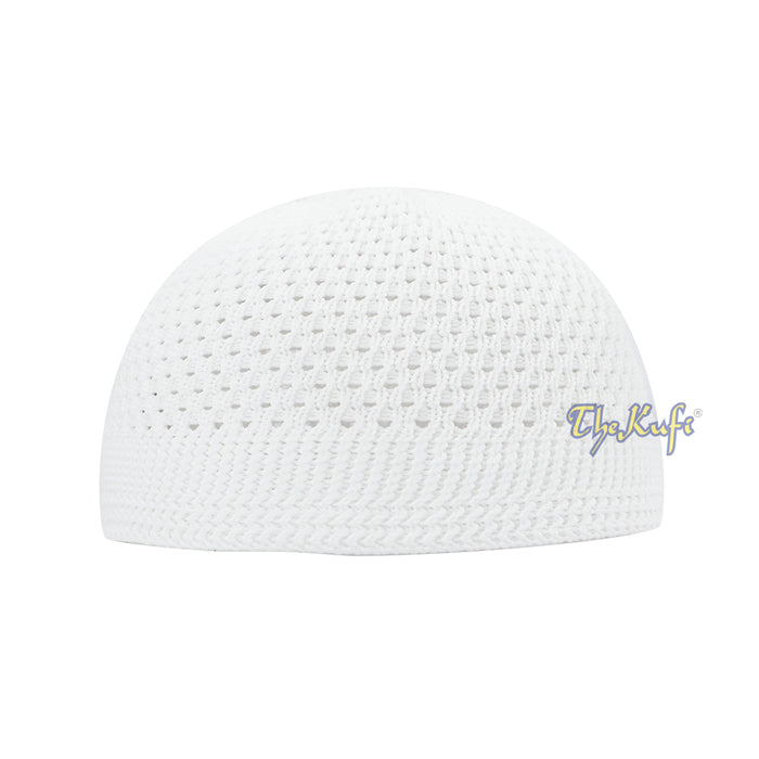 White knitted Islamic prayer cap (kufi) with breathable mesh pattern.