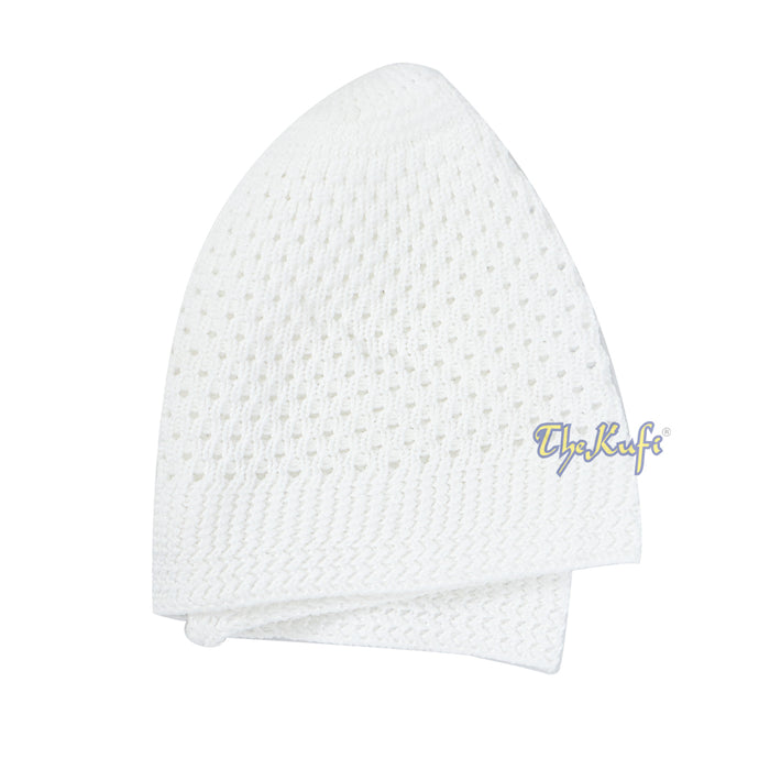 White knitted Islamic prayer cap (kufi) with breathable mesh pattern.