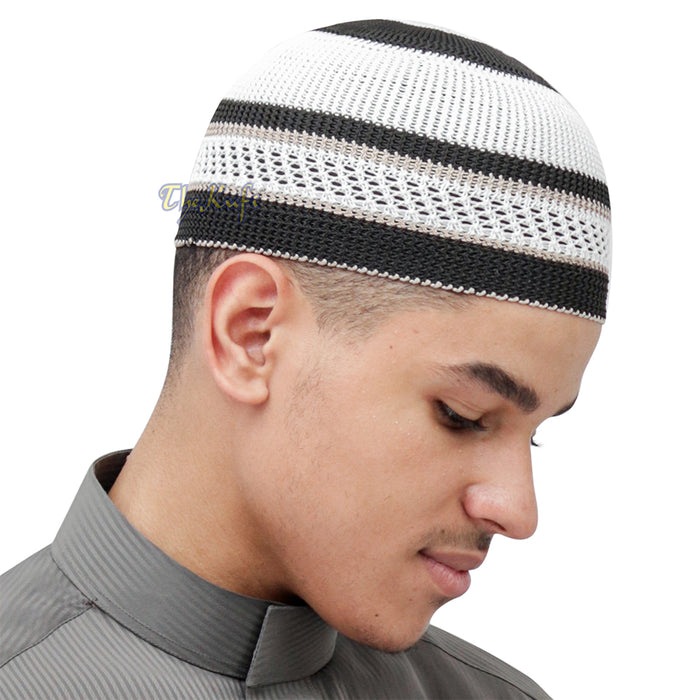 White Black with Brown Stripes Nylon Stretchy Beanie Kufi Topi Skull Cap