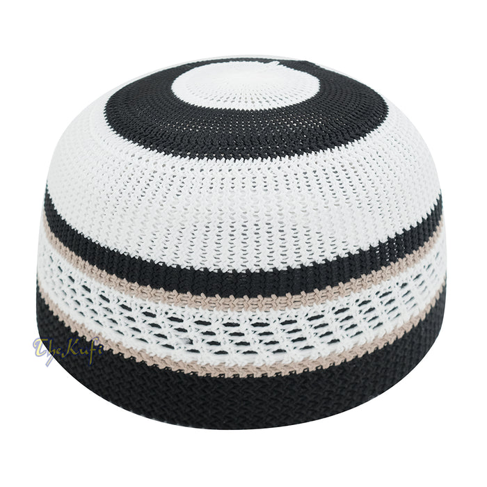 White Black with Brown Stripes Nylon Stretchy Beanie Kufi Topi Skull Cap