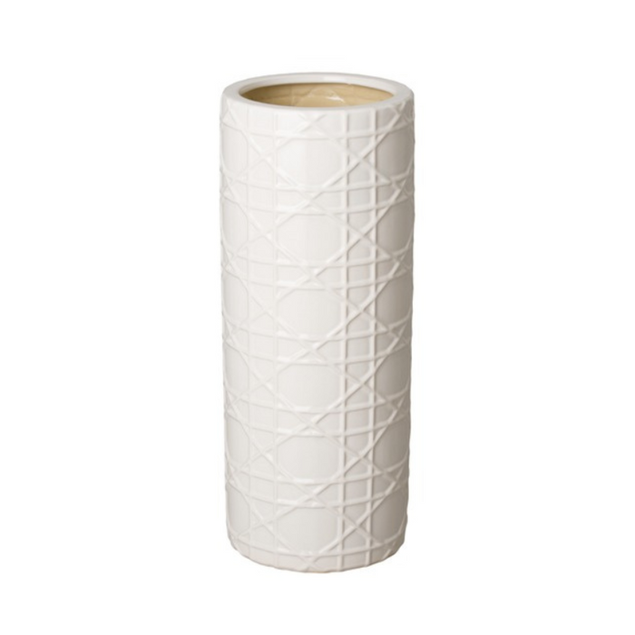 WHITE PAINTED CERAMIC UMBRELLA STAND WITH CANE DETAIL